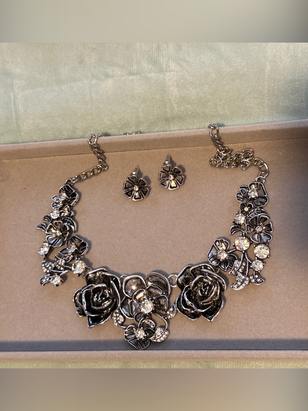 Silver Floral Crystal Necklace and Stud Earrings Set